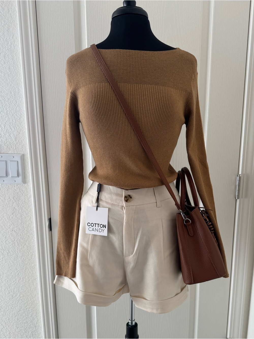 Brown Boatneck Top with Cotton Candy Cream Shorts and Bag